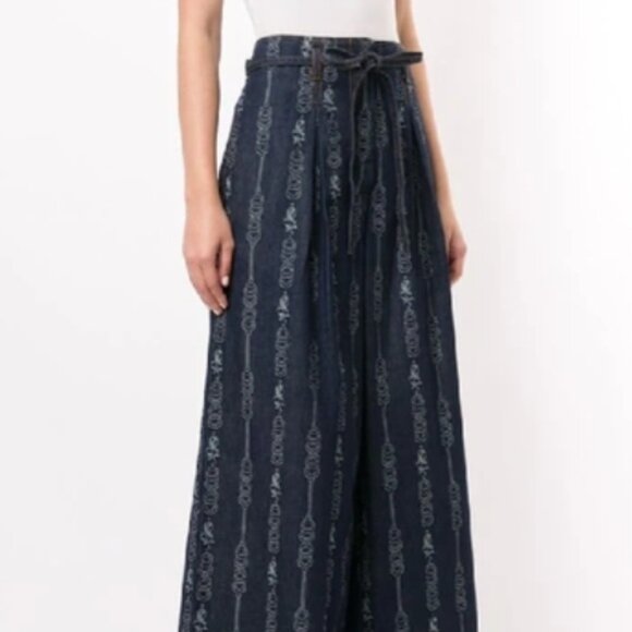 Tory Burch Gemini Jeans Jacquard Blue Denim Wide Leg Trousers 6 NWT (Orig. $355) - Picture 8 of 10